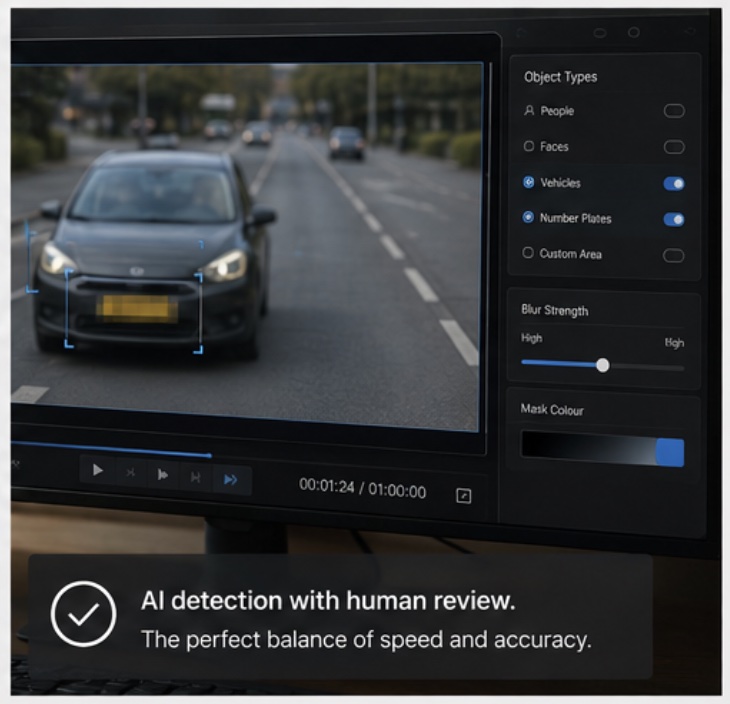 Redaction software detecting a vehicle and number plate on a dashcam clip, with object type, blur strength and mask colour controls for a human operator to adjust