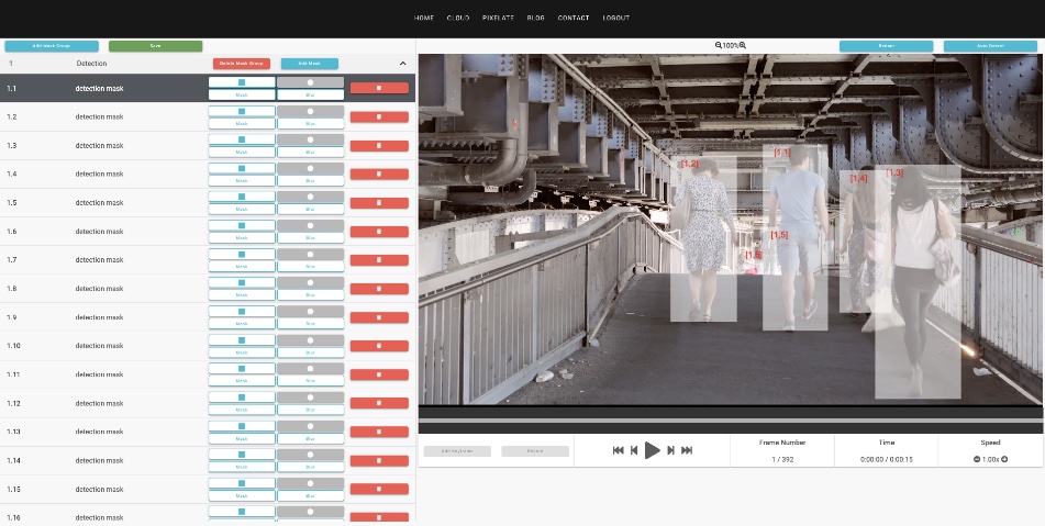 The Pixelate dashboard showing individual detection masks applied to people in a walkway CCTV clip, ready for review before export