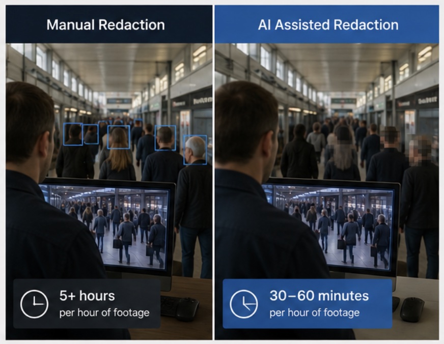 Side-by-side comparison of an operator redacting shopping centre CCTV footage manually versus with AI assistance, showing 5+ hours per hour of footage manually against 30-60 minutes with AI assistance