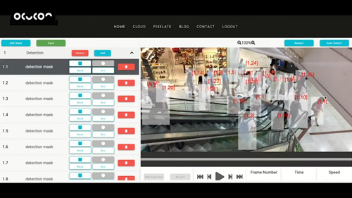 The Pixelate dashboard showing a full list of automatically generated detection masks alongside CCTV footage of an escalator