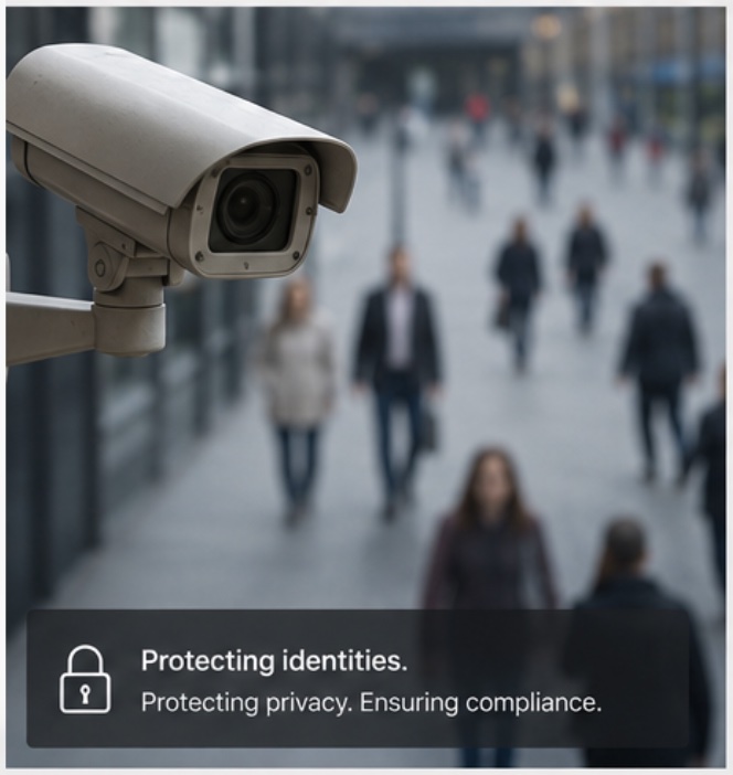 A CCTV camera overlooking a busy pedestrian street, captioned 'Protecting identities. Protecting privacy. Ensuring compliance.'