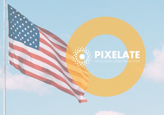 US flag alongside the Pixelate intelligent video redaction logo, marking the launch of Pixelate in the United States